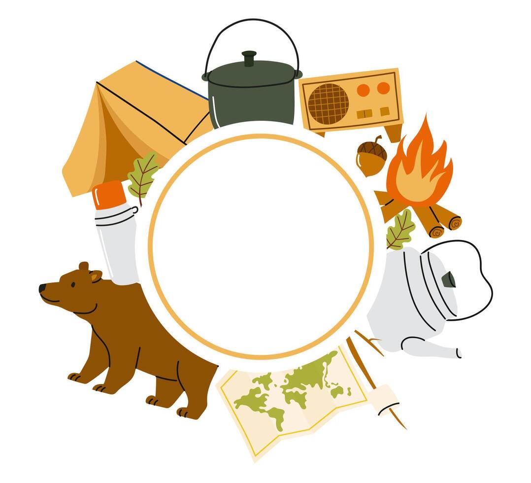 Camping gear and nature elements arranged for a fun outdoor adventure layout vector