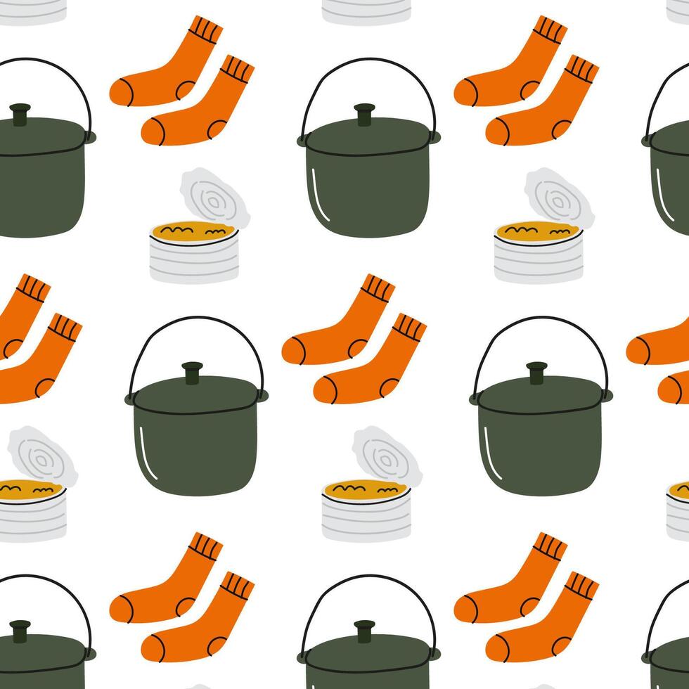 Colorful pattern featuring pots, socks, and cans in a playful arrangement vector
