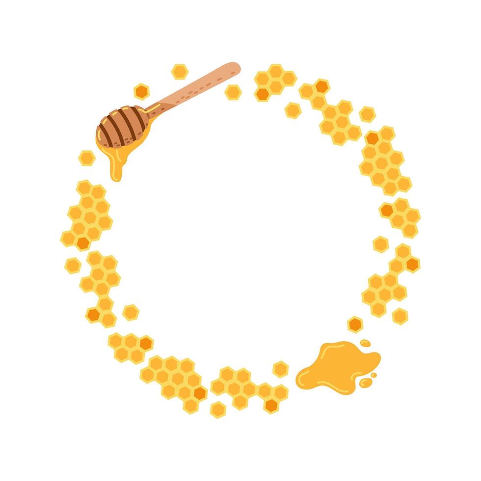 Decorative honey circle with honey dipper and honeycomb shapes vector
