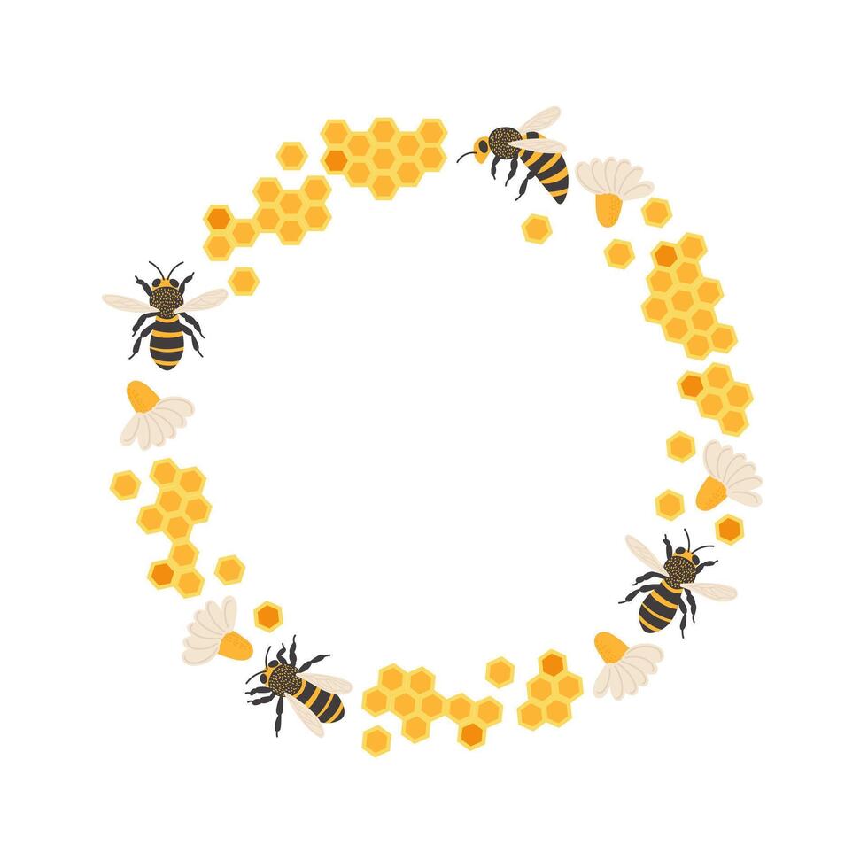 Bees gather honey in a floral setting with honeycomb and blossoms in a vibrant circular design vector