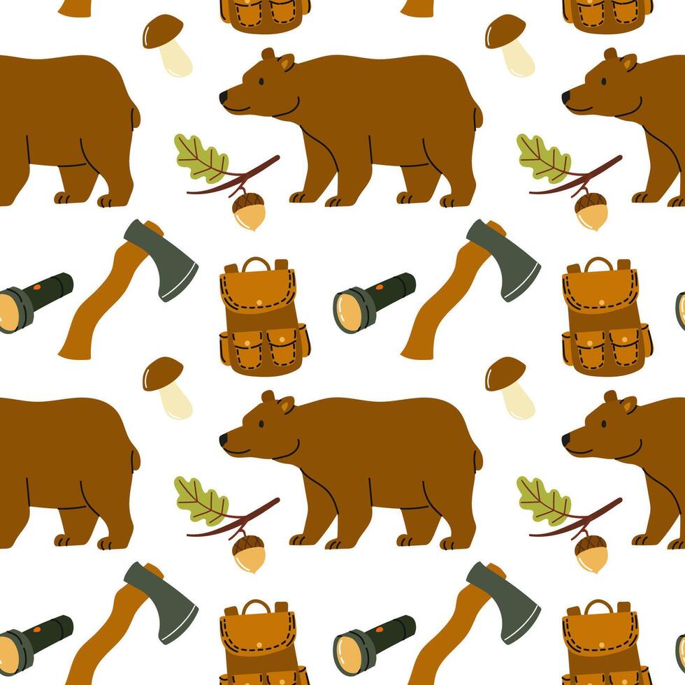 Pattern featuring bears, camping gear, and nature elements in a playful design vector