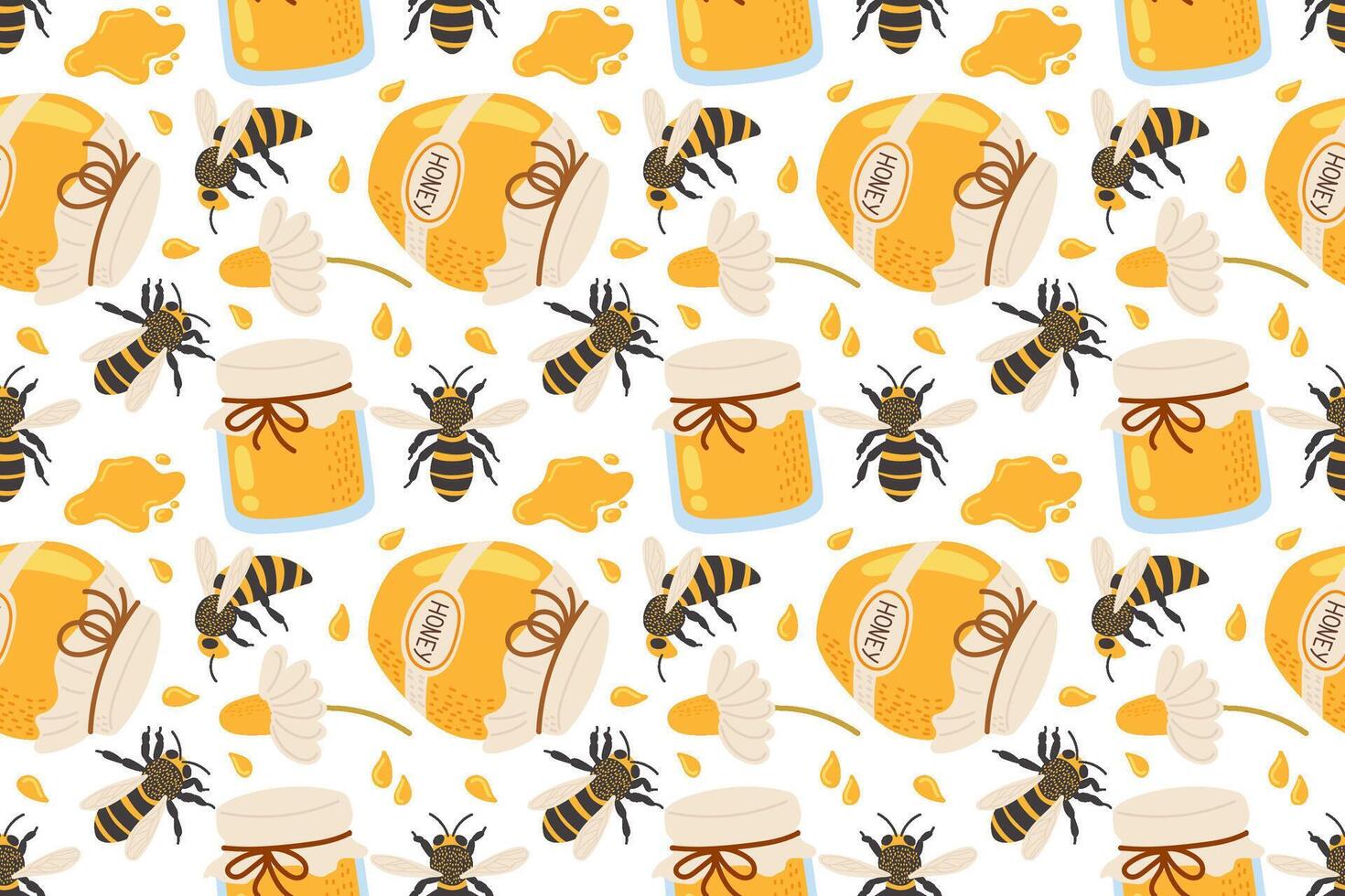 Bees and honey jars create a vibrant pattern in a cheerful setting for nature lovers vector