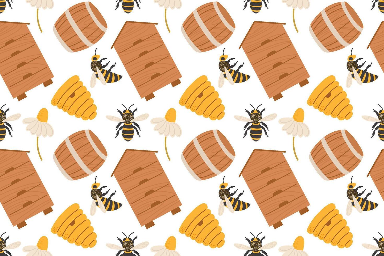 Colorful bee pattern featuring hives, honeycombs, and flowers in a cheerful arrangement vector