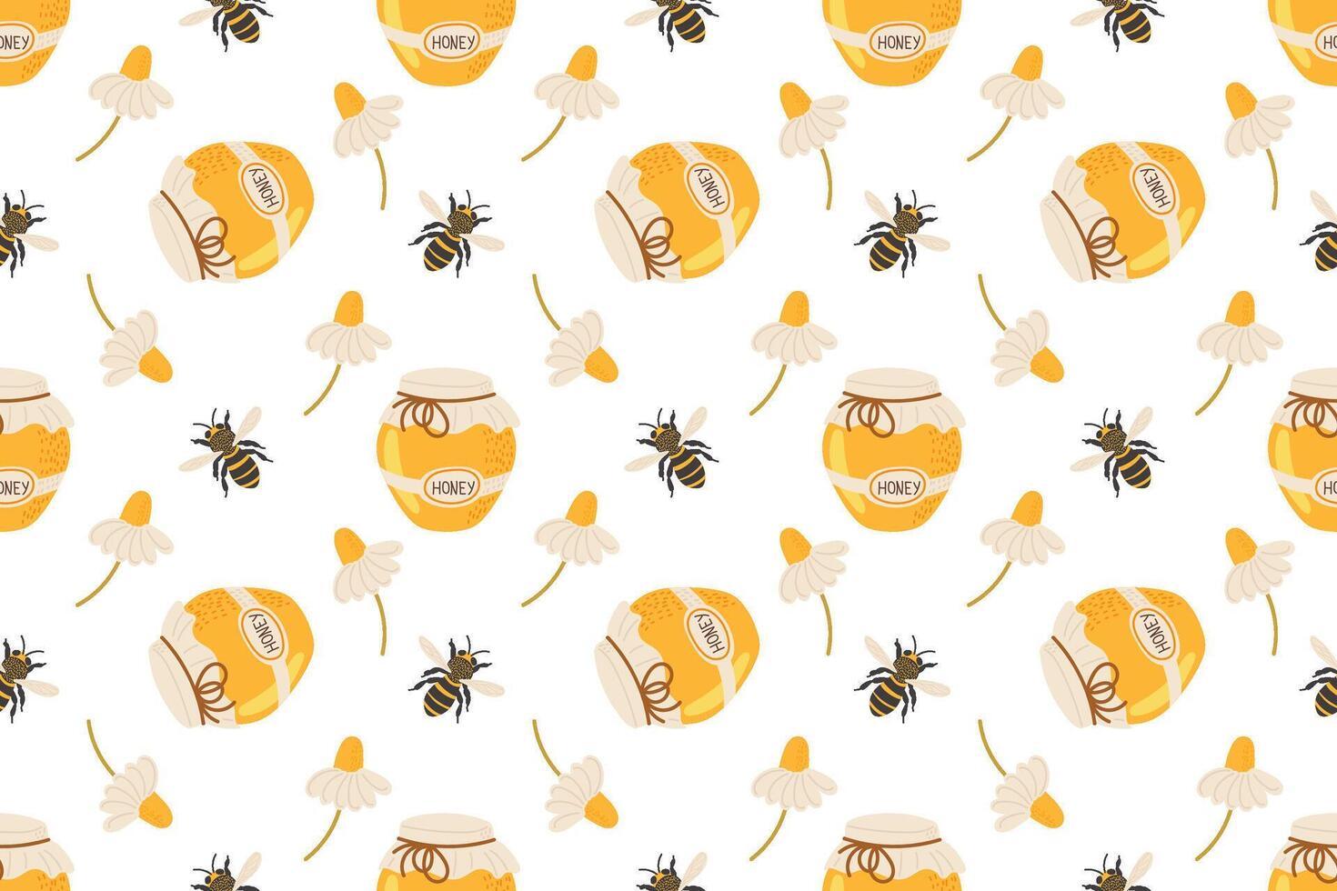 Colorful pattern featuring honey jars, bees, and flowers on a white background vector