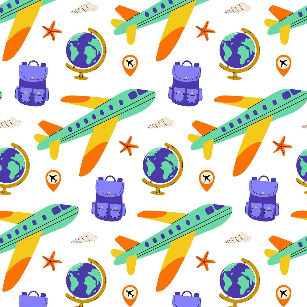 Colorful travel-themed patterns featuring airplanes, globes, and backpacks in a playful design vector
