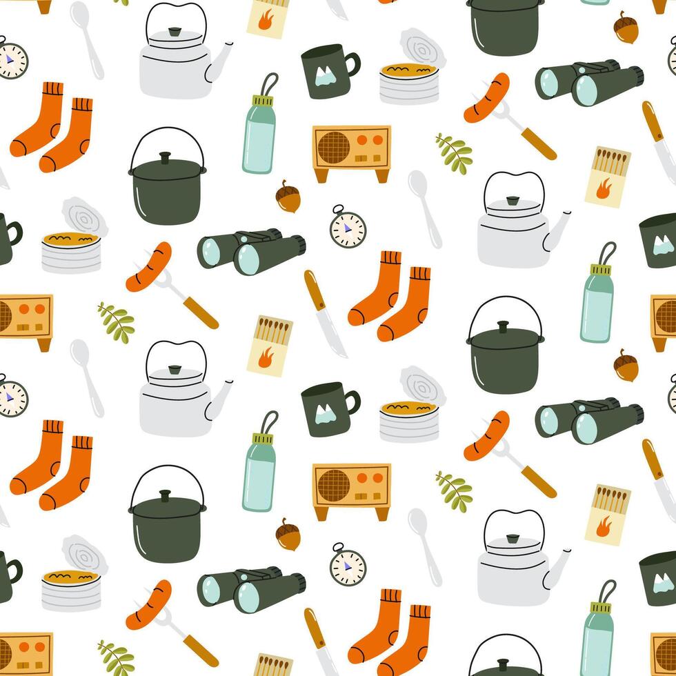 Collection of camping items and activities represented in a fun, colorful pattern vector