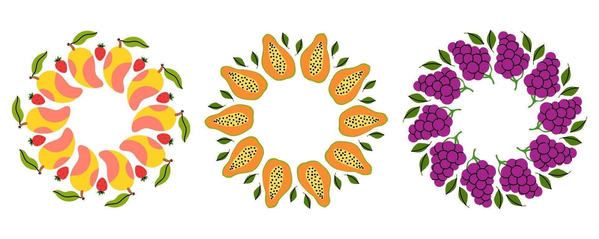Colorful fruit wreath designs featuring bananas, papayas, and grapes with vibrant leaves vector