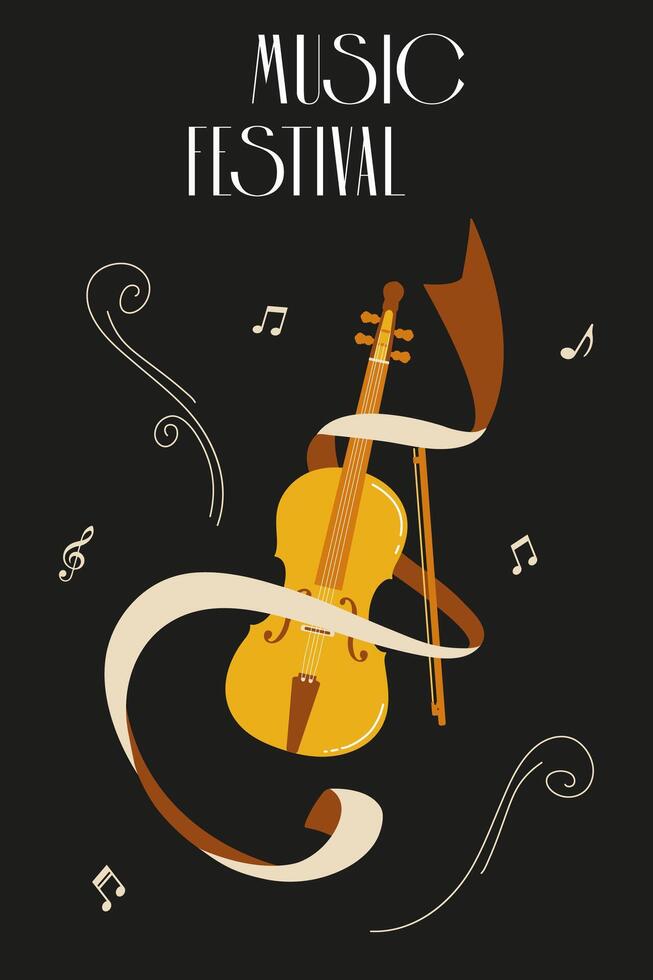 Music festival design featuring a violin and musical notes on a dark background vector