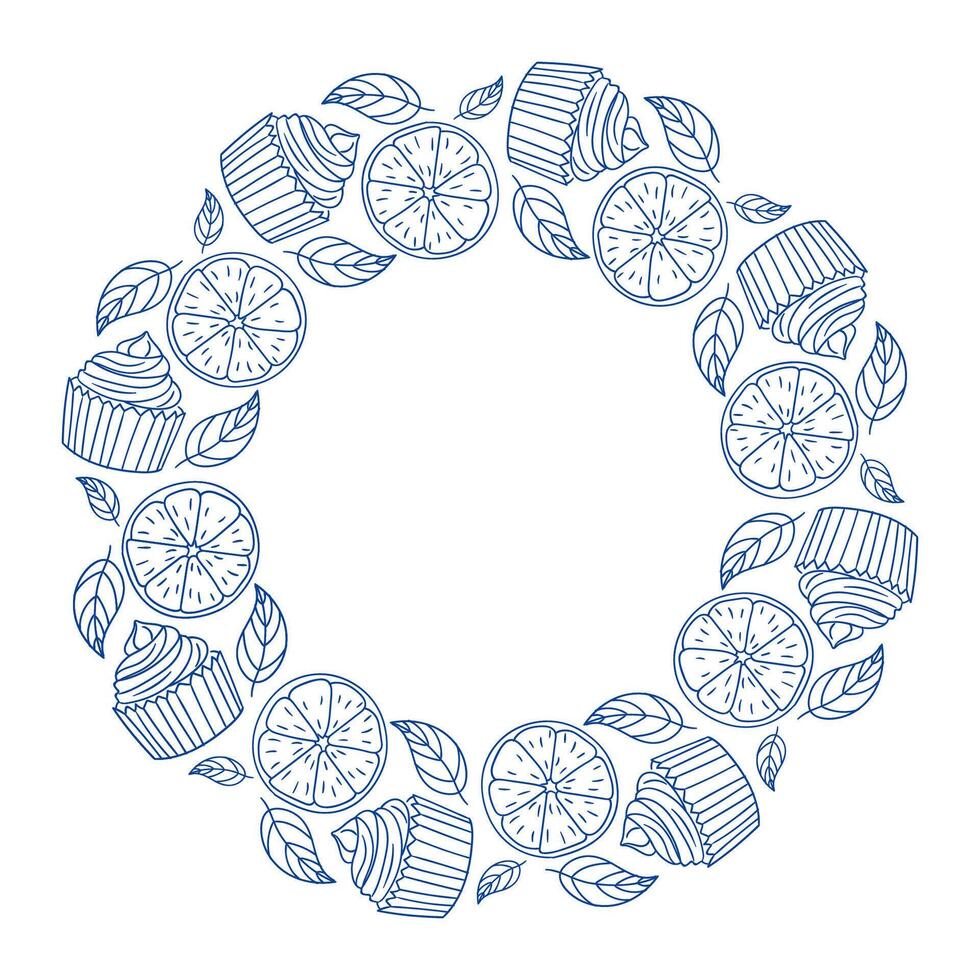 Cupcakes and citrus fruit design in a decorative wreath shape vector