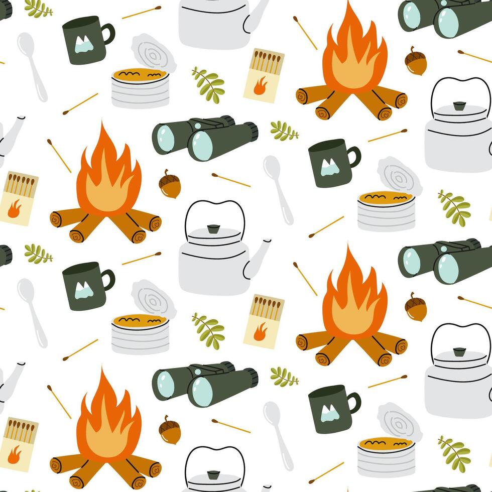 Camping essentials pattern featuring a cozy campfire and outdoor gear in a fun design vector