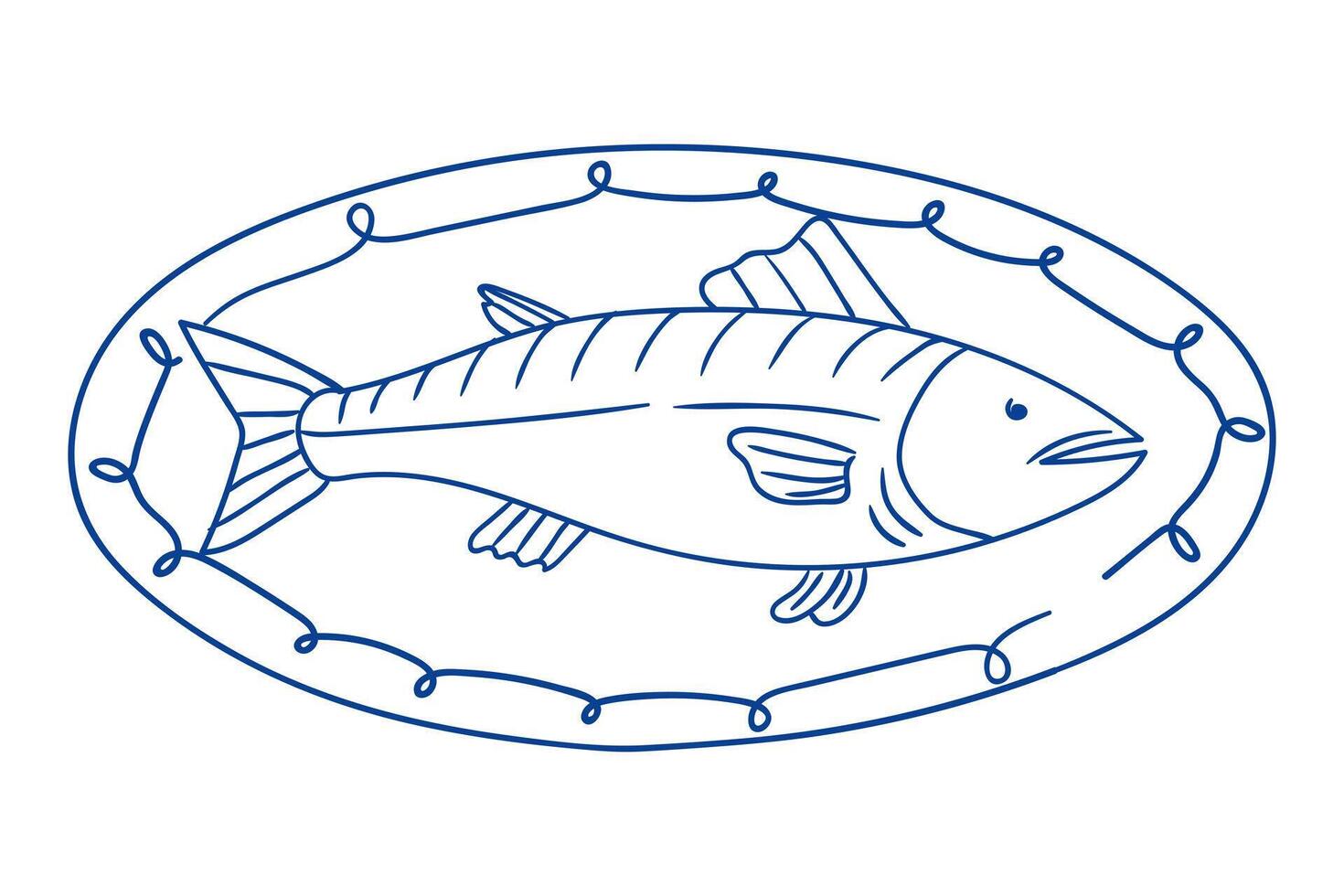Illustration of a fish on a decorative plate in simplistic style with linear details vector