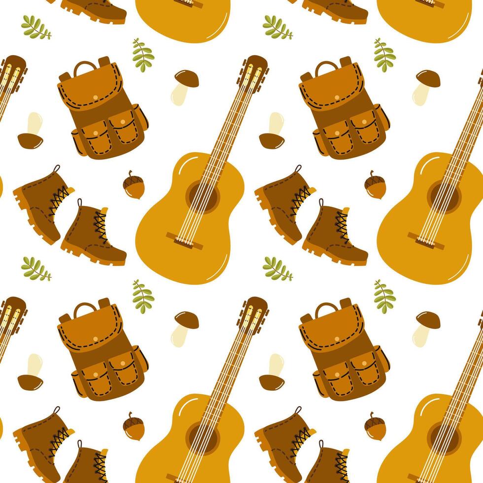 Pattern of outdoor adventure elements featuring guitars, boots, and backpacks on a light background vector