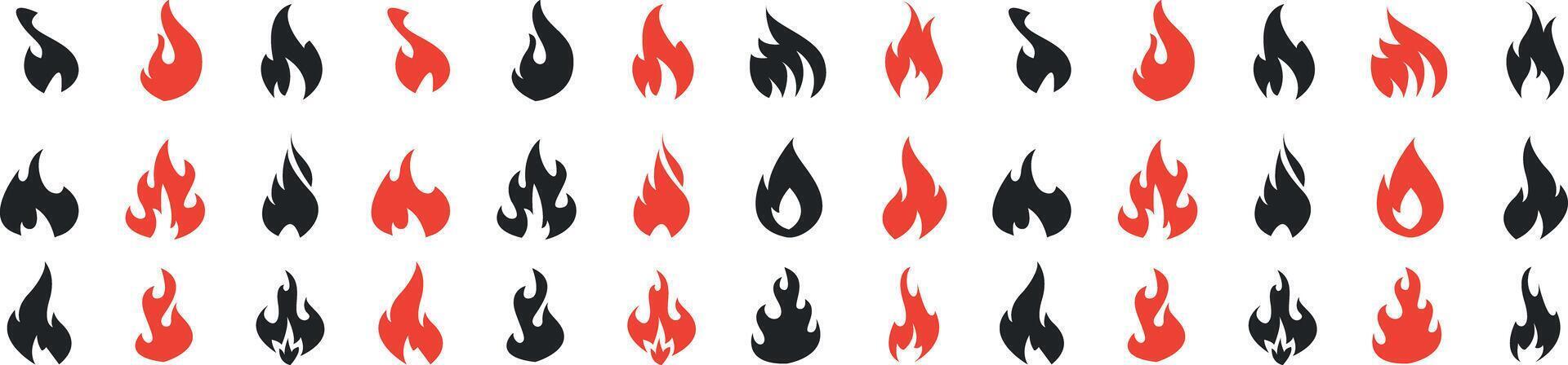 Black and red fire flame symbol flat icon set vector