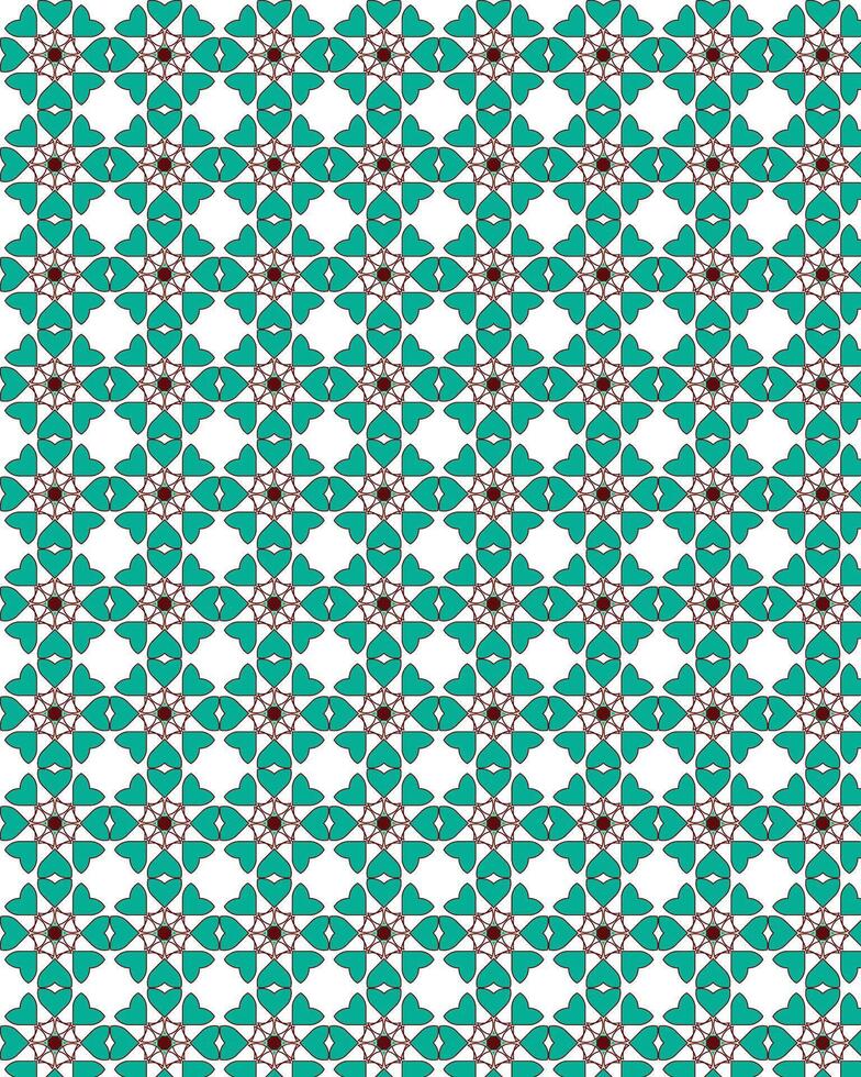 Traditional geometric pattern design with a combination of turquoise green shape colors with red lines. vector