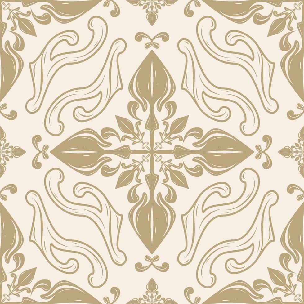 Repeat Seamless Baroque Art Filigree Hand Drawn Line Bold Scroll Ornament Detailed with Gold on Beige Background Traditional Culture Fleur de lis Motif Style Pattern for Haute Couture Interior Apparel vector