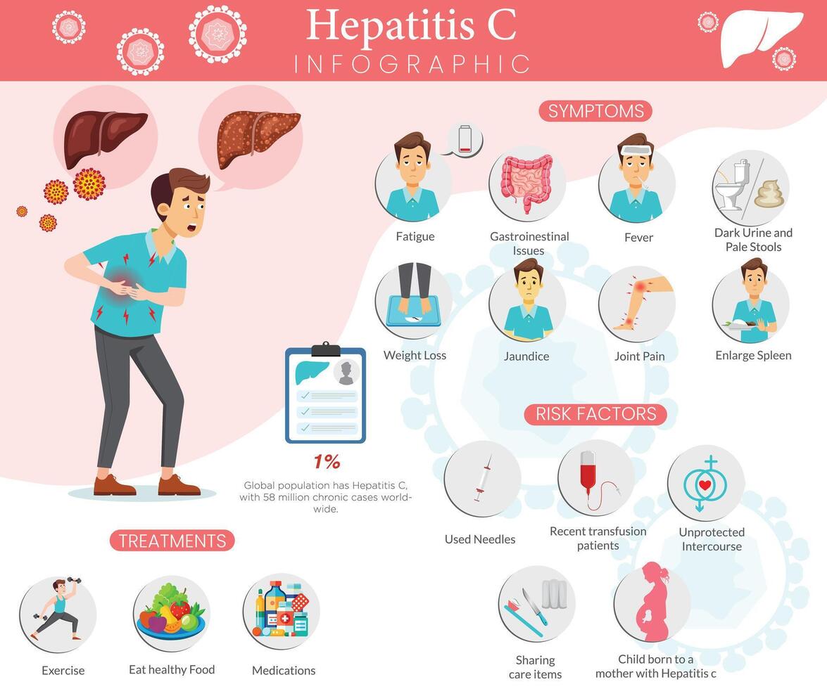 Hepatitis C Infographic Illustration Showing Symptoms risk factor and Treatment vector