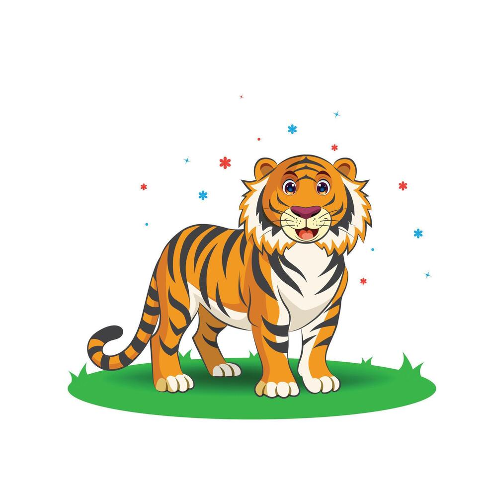 Adorable Smiling Tiger Cartoon Illustration in Grassy Field vector