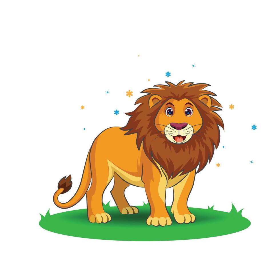 Adorable Smiling Lion Cartoon Illustration on Grassy Field vector