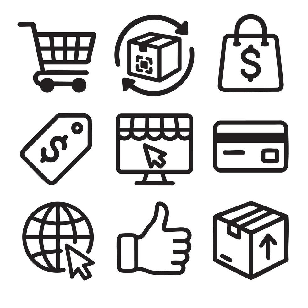 E commerce icons including shopping cart, package, payment, and online shopping symbols convey vector