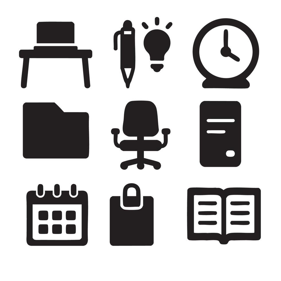 Collection of office icons including chair pen light bulb clock folder office chair computer vector