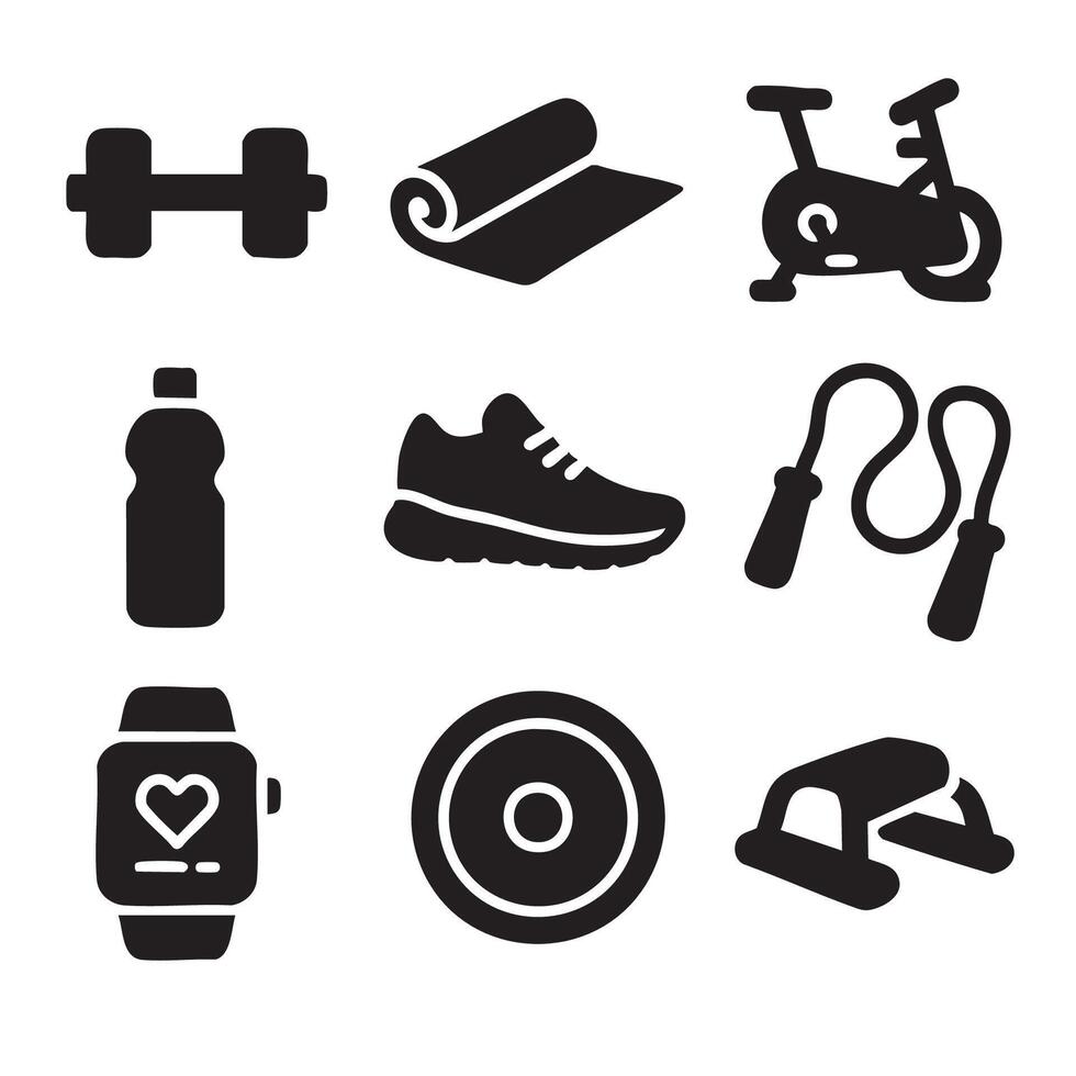 Fitness icons including weights yoga mat bike shoes water bottle jump rope smartwatch and more vector