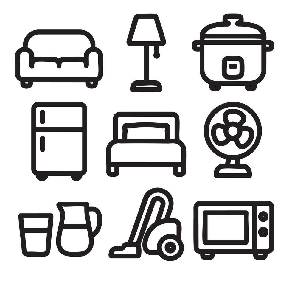 Cozy furniture and appliances in simple design, including sofa, lamp, and refrigerator vector