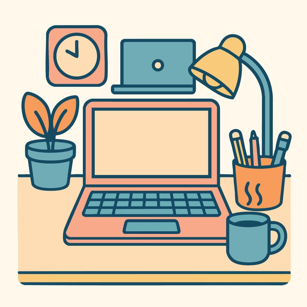 Cozy workspace featuring laptop, clock, lamp, plant, and coffee cup, perfect for productivity vector
