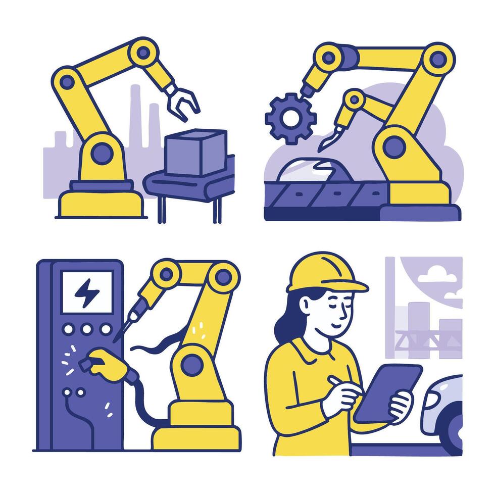 Illustration of robotic arms various industrial settings, showcasing automation and technology vector