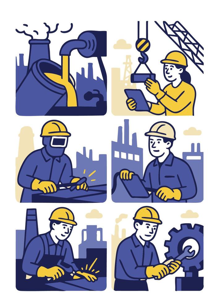 Vibrant illustration depicting various industrial workers engaged different tasks, showcasing vector