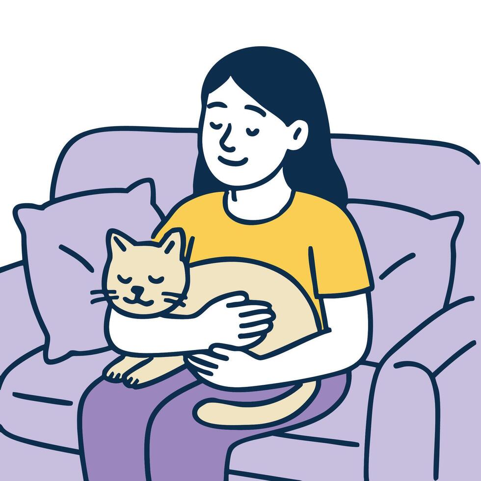 Woman relaxing on sofa while cuddling cat , Adobe Illustrator Artwork vector