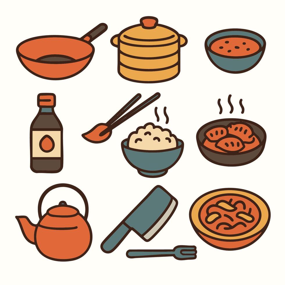 Cooking tools, ingredients, and dishes create vibrant culinary scene vector