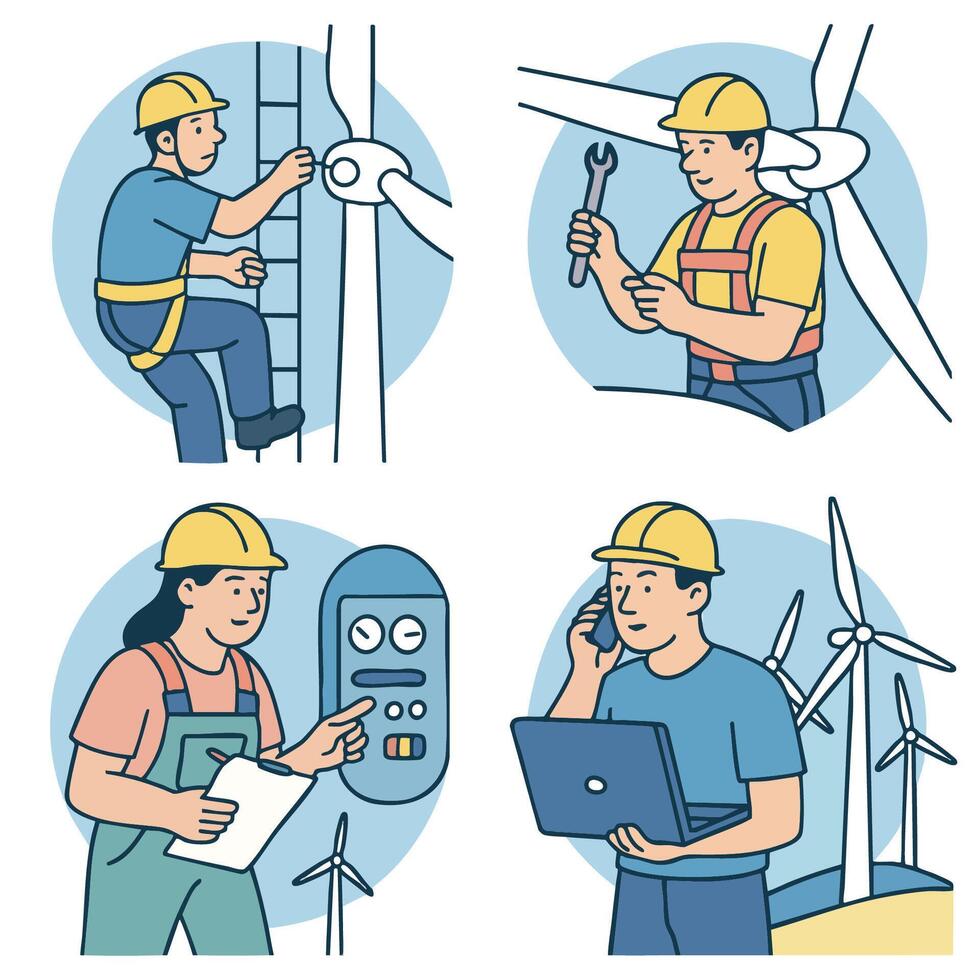 Wind turbine worker performing various tasks, showcasing teamwork and safety in renewable energy vector