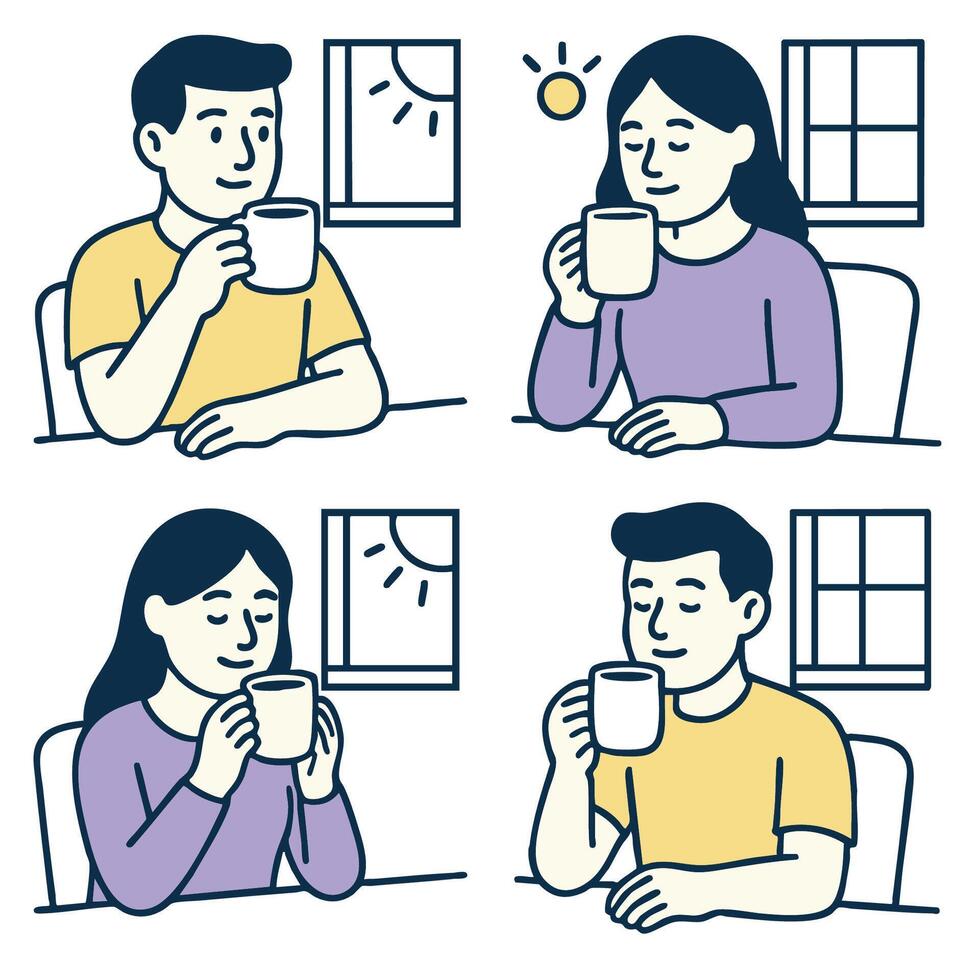 Enjoying warm beverage, these illustrations depict cozy morning routine with sunlight streaming vector