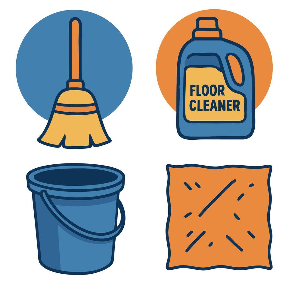 Cleaning tools, floor cleaner, bucket, cloth, household items vector