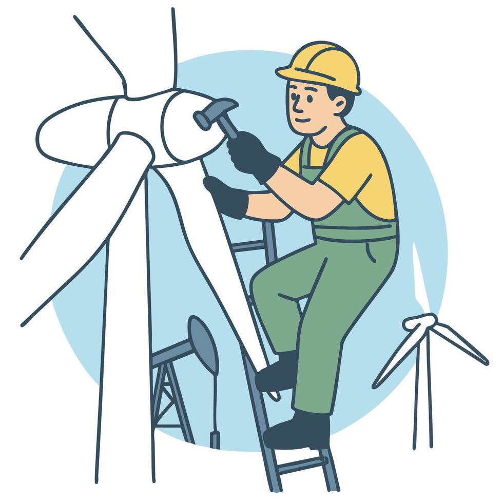 Worker is repairing wind turbine, showcasing dedication and skill in renewable energy vector