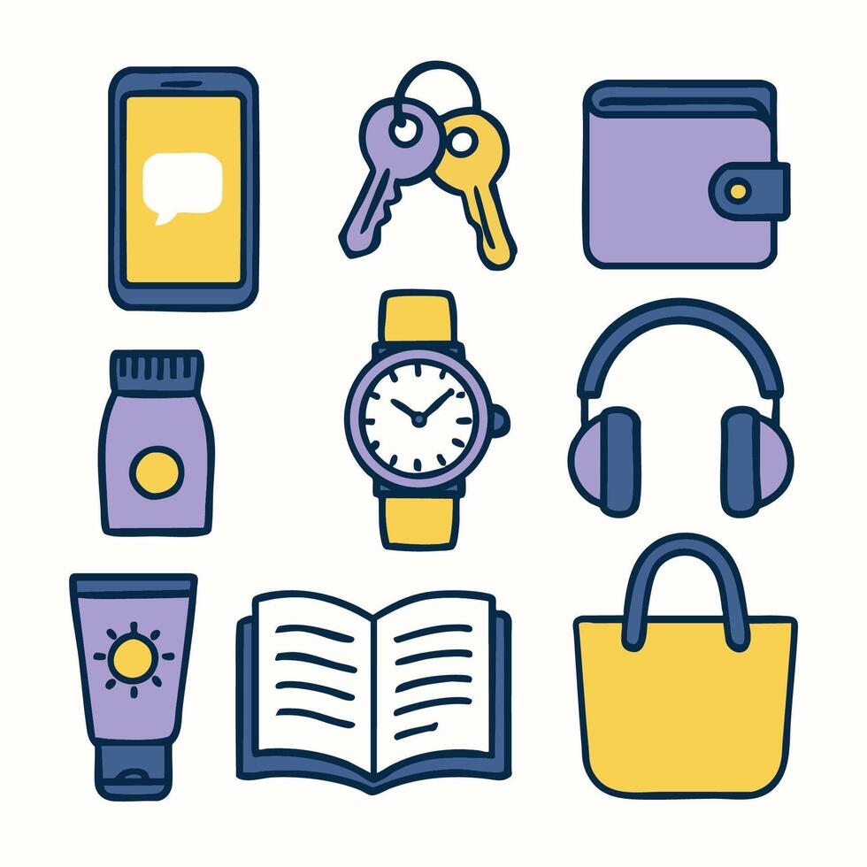 Smartphone keys wallet watch headphones sunscreen book tote bag colorful items create vibrant vector