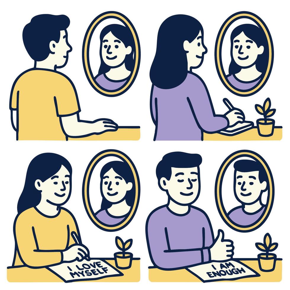 Self love illustration with positive affirmations and reflections mirror, promoting self vector