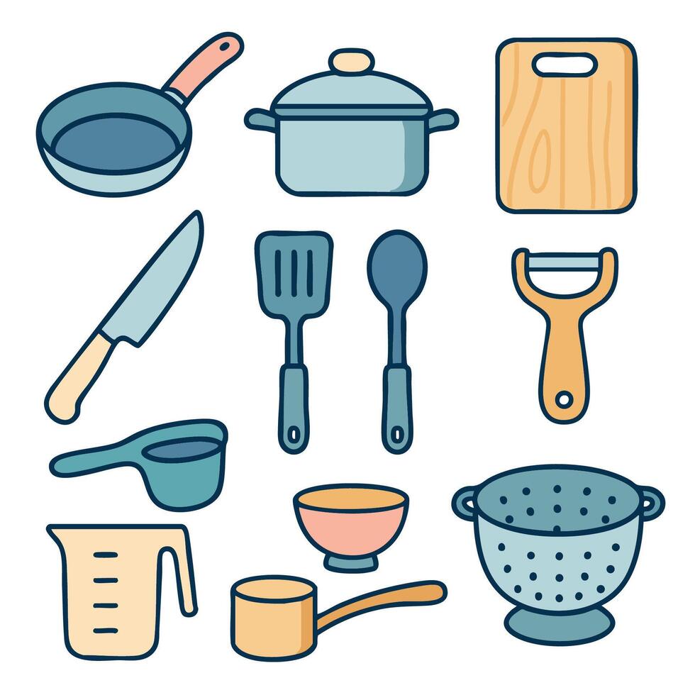 Cooking tools, kitchen utensils, and cookware are essential for meal preparation. This showcases vector