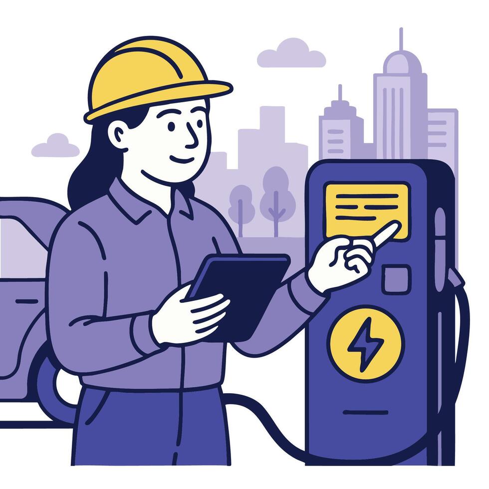 Worker hard hat uses tablet electric vehicle charging station, showcasing modern technology vector
