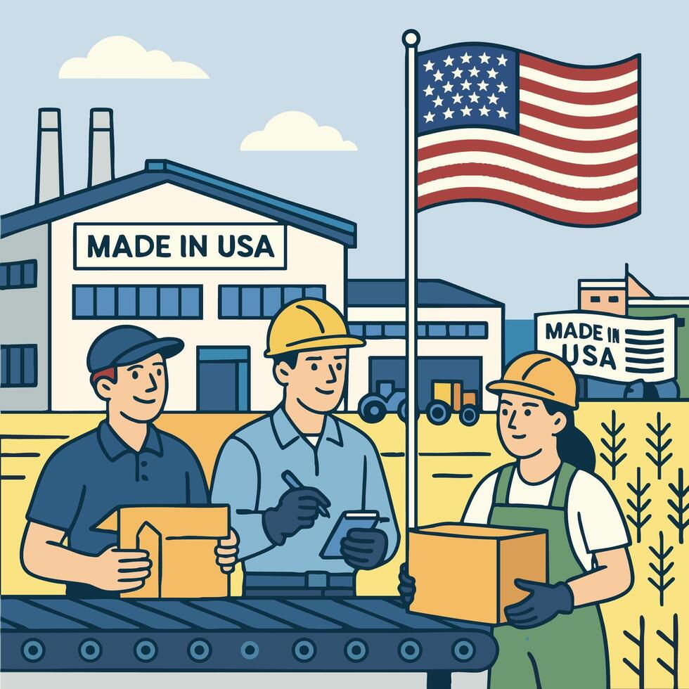 Workers in factory with USA flag, showcasing American manufacturing pride vector