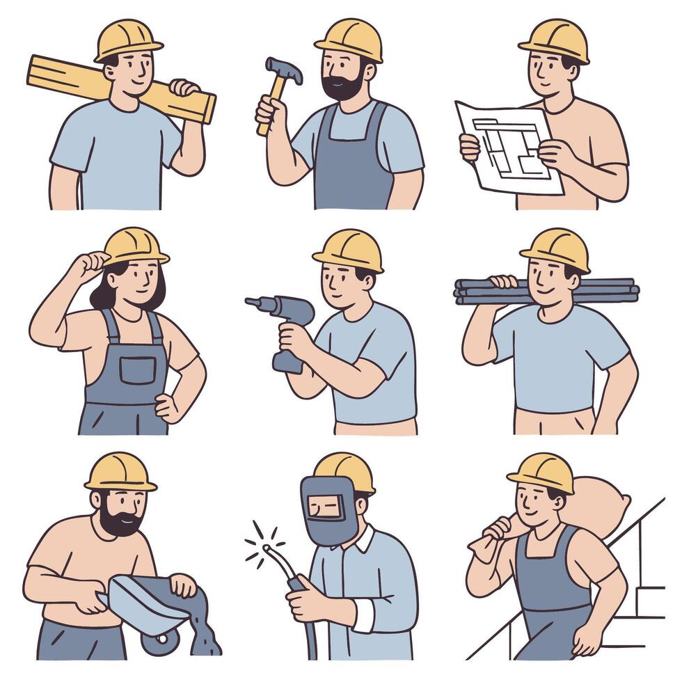 Collection of workers engaged in various construction tasks, showcasing teamwork and skills vector