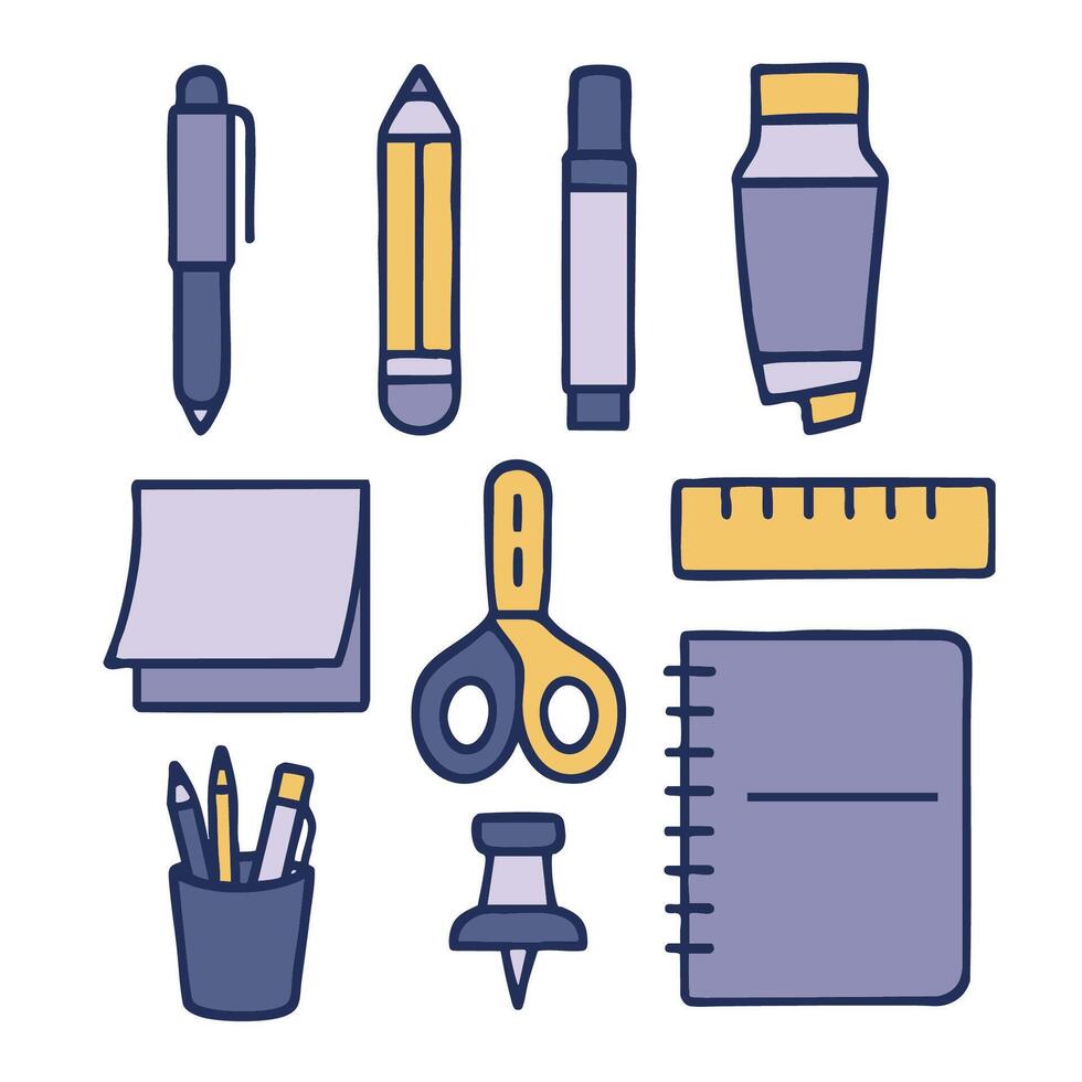 Stationery items including pen pencil marker glue ruler scissors sticky note notebook and push vector