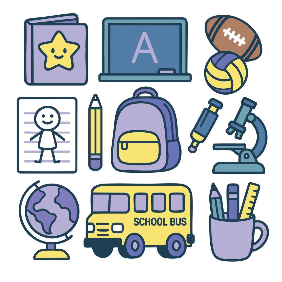 School supplies, educational items, and sports equipment create vibrant learning atmosphere vector