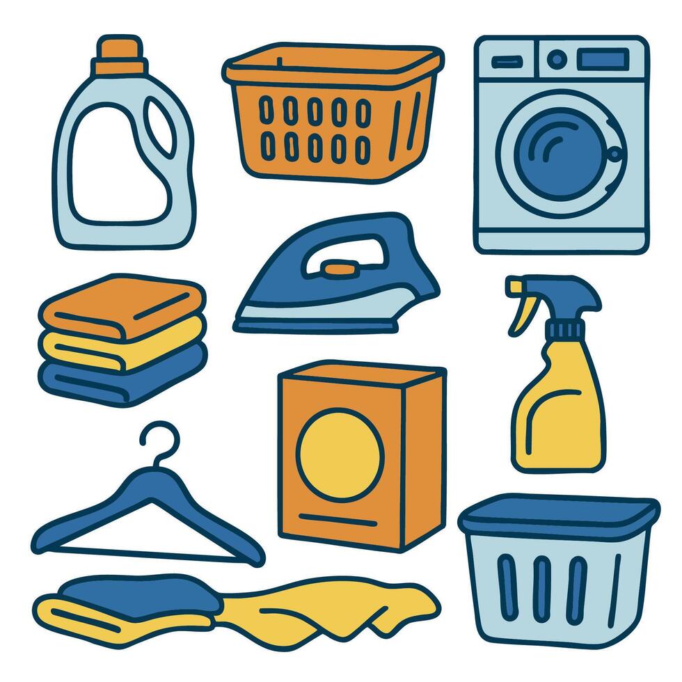 Laundry detergent, washing machine, cleaning supplies, and towels create vibrant scene vector