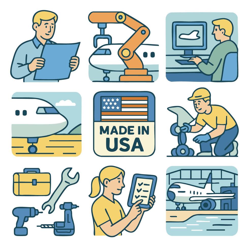 Manufacturing process airplane assembly engineering design teamwork innovation quality control vector