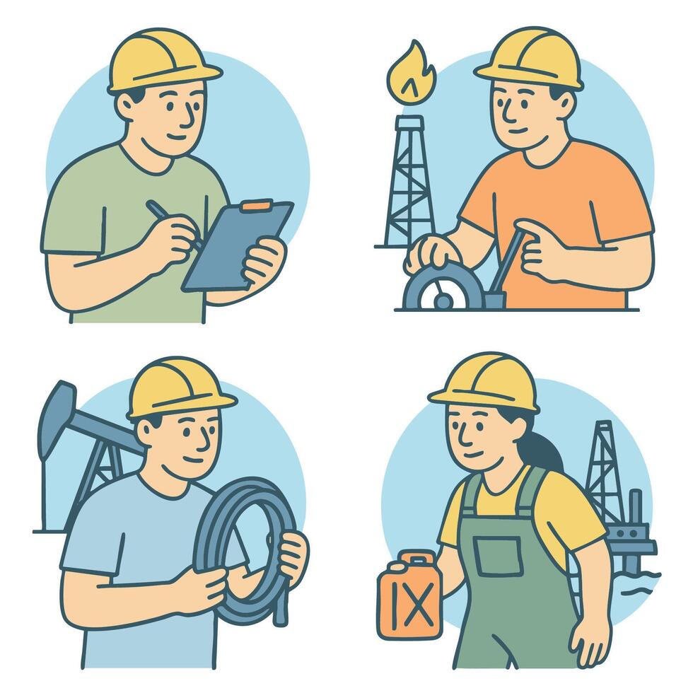Group of workers in oil field, showcasing various tasks and tools with cheerful demeanor vector