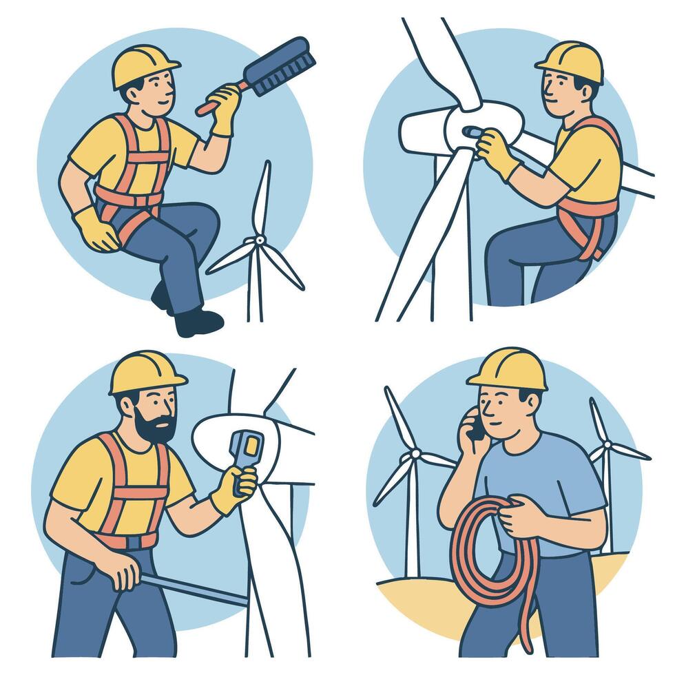 Workers performing various tasks related to wind energy, showcasing teamwork and dedication vector