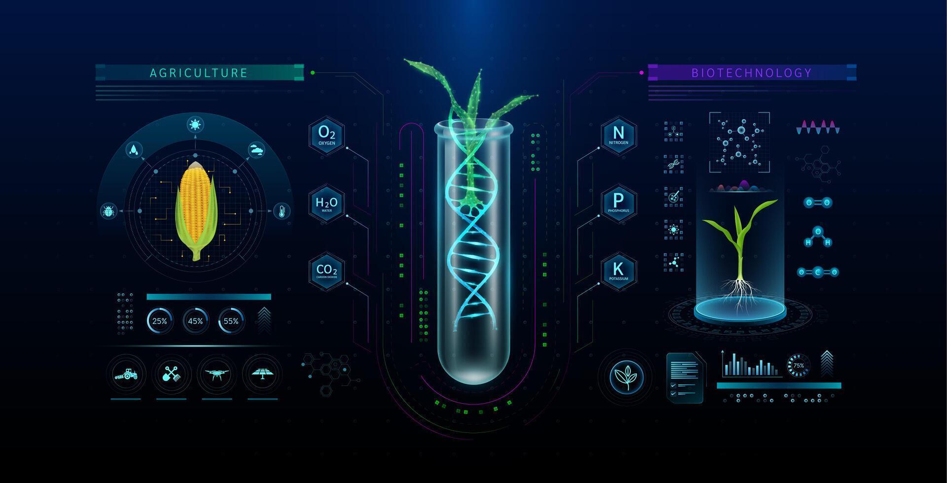 Green seedling corn DNA helix structure in transparent glass test tube. Plant growth genetic modification experiment for cultivation. Biotechnology agriculture. Scientific concept. vector