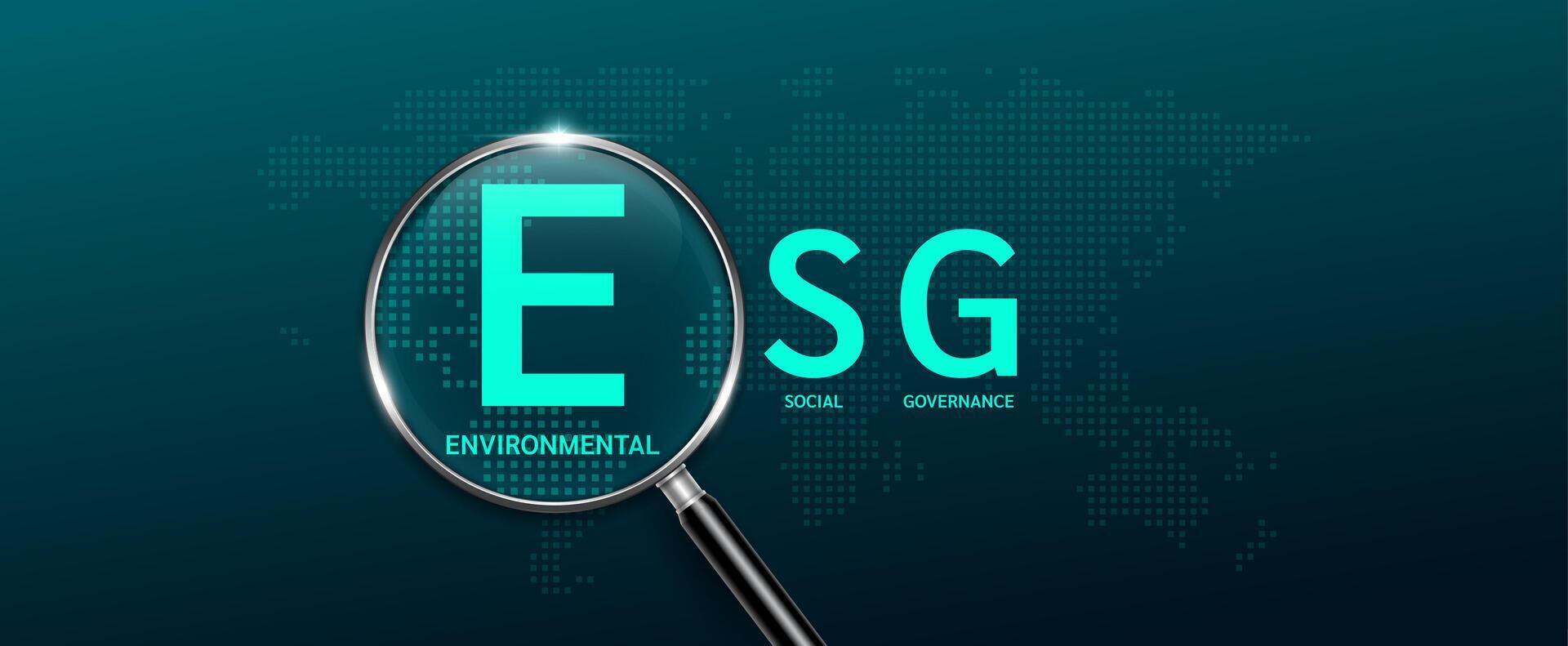 Magnifying glass look letter E green with world map. ESG of environmental, social, and corporate governance. Sustainable corporation development and planning business strategy. vector