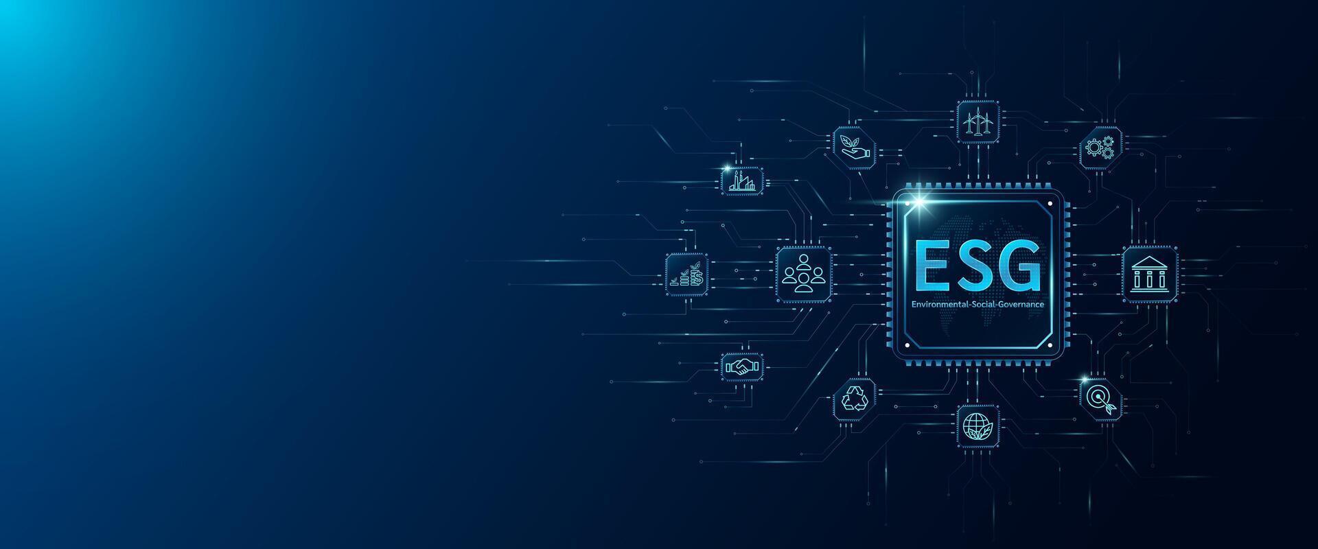 ESG letters in microchip processor circuit board and icon Environmental, social, governance. Sustainable corporation development and planning business strategy. Innovative technology digital. vector